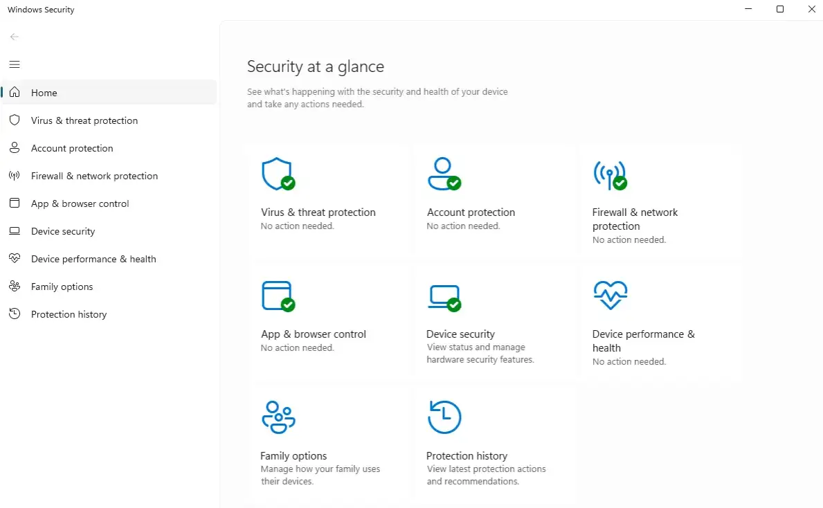 Windows Security dashboard Windows 11