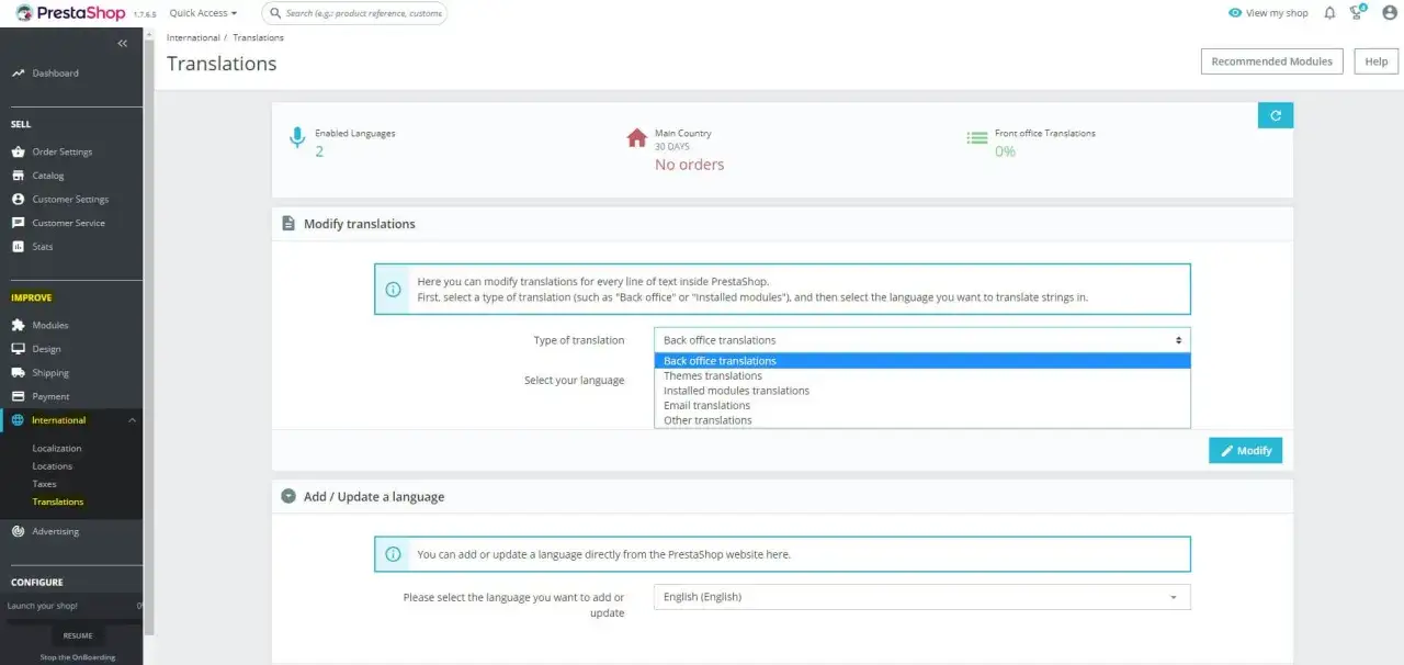 Panel PrestaShop: tłumaczenia. Wybierz typ tłumaczenia (np.