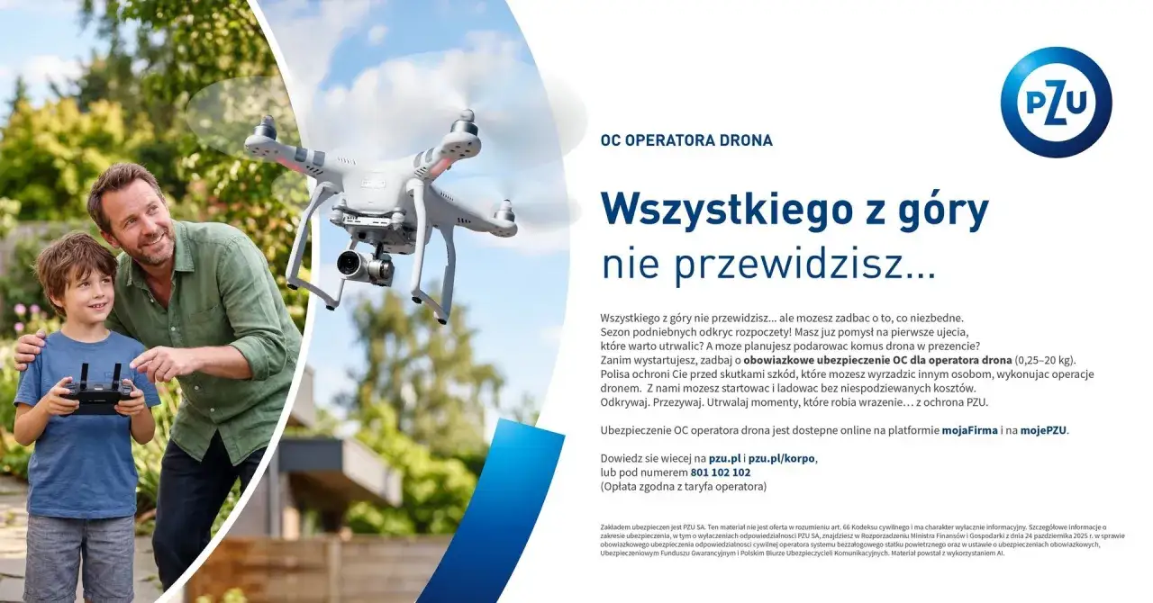 Ojciec i syn cieszą się lataniem dronem. Ubezpieczenie OC drona od PZU zapewni spokój podczas podniebnych przygód.