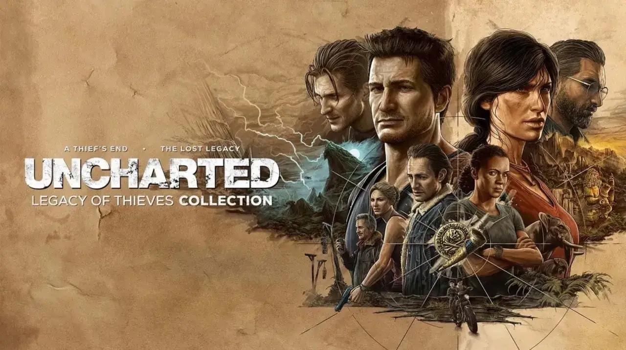Postacie z gry Uncharted: Legacy of Thieves Collection, w tym Nathan Drake i Chloe Frazer, gotowi na kolejne przygody.