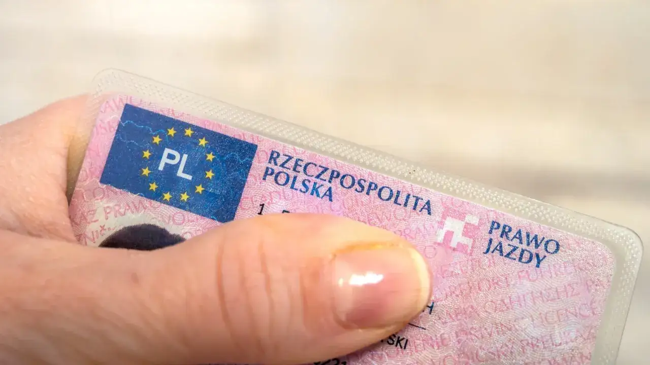 Dłoń trzyma polskie prawo jazdy bezterminowe z symbolem UE.