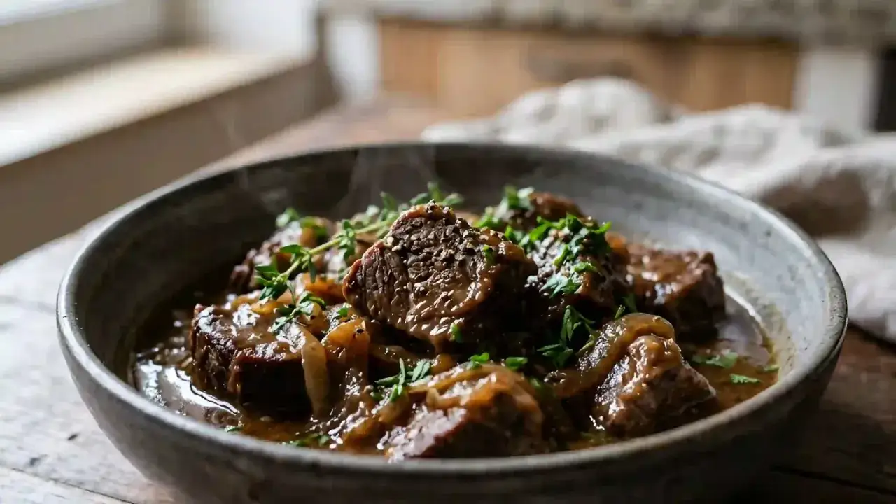 Délicieux filet mignon à la bière, mijoté avec des oignons et garni de persil frais. Vapeur s'échappant du plat.