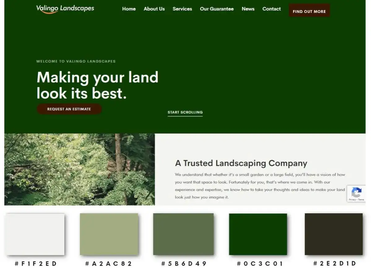 El sitio web de paisajismo usa un **color verde** vibrante en su dise&ntilde;o, mostrando un paisaje frondoso y paletas de colores inspiradas en la naturaleza.