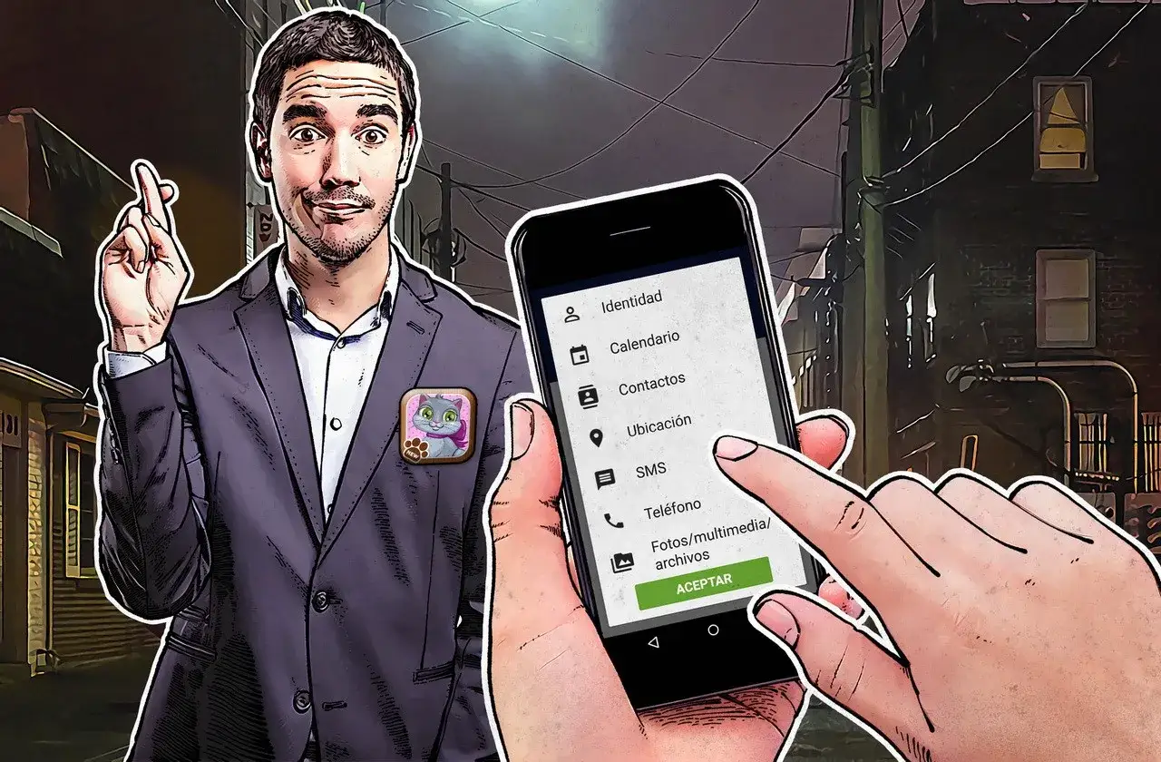 Hombre con gesto de suerte y un teléfono que muestra opciones para hackear Android, incluyendo SMS y fotos.
