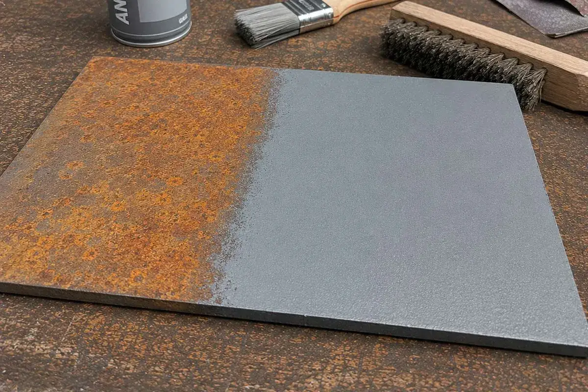Plaque de m&eacute;tal rouill&eacute;e d'un c&ocirc;t&eacute;, peinte en gris de l'autre. Outils de pr&eacute;paration &agrave; proximit&eacute; pour peindre m&eacute;tal sans d&eacute;caper.