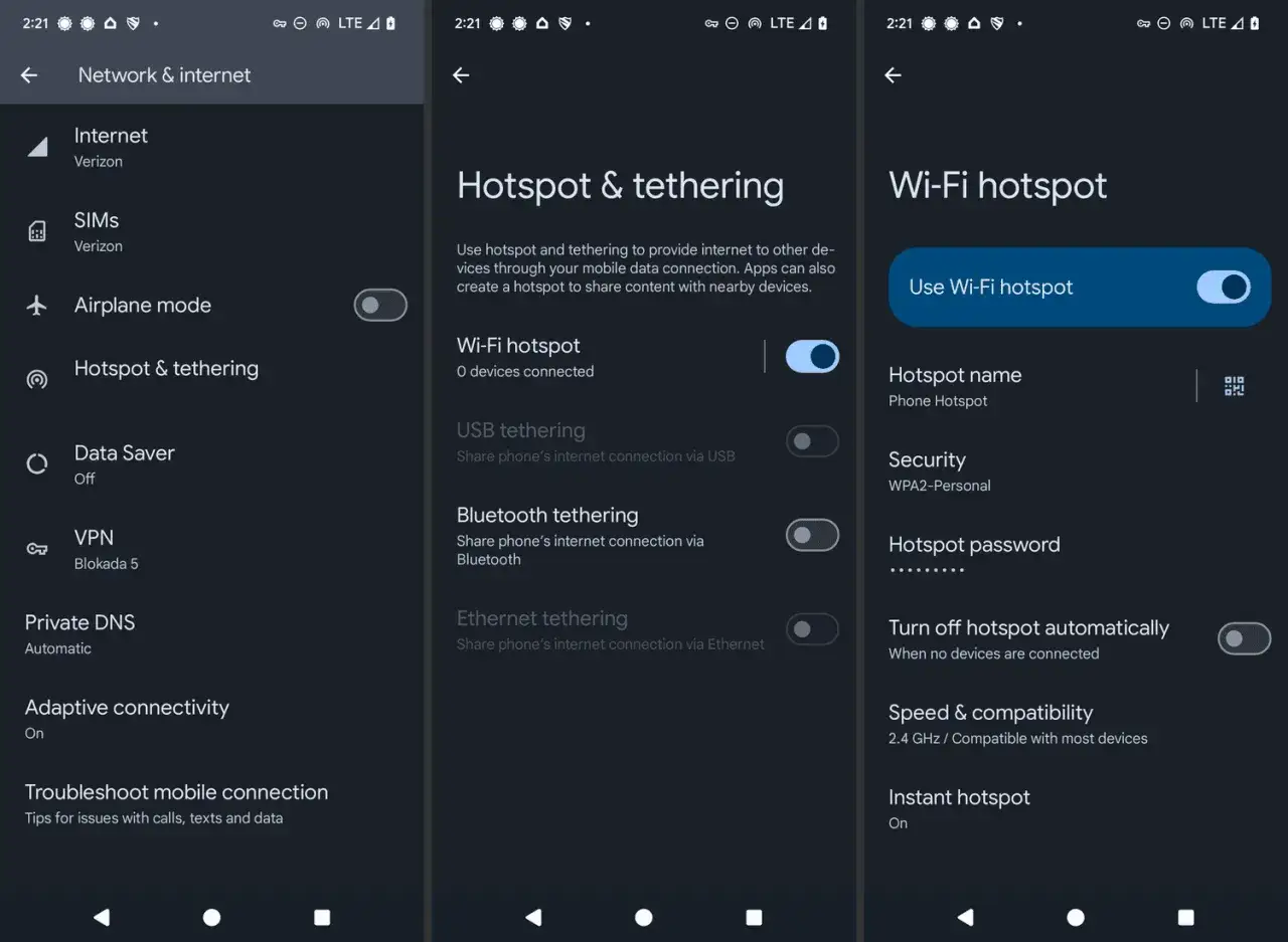 Ustawienia telefonu: włączony Wi-Fi hotspot, udostępnianie internetu innym urządzeniom.