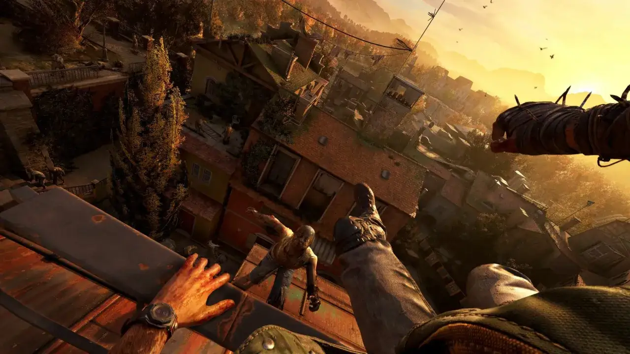 Widok z perspektywy pierwszej osoby na miasto opanowane przez zombie. Zbliża się noc, a gracz musi przetrwać. Sprawdź dying light wymagania, by cieszyć się grą.