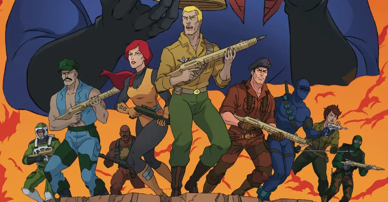 Une équipe de personnage gi joe, menée par Duke, se prépare au combat. Des flammes orange et un fond bleu sombre accentuent la tension.