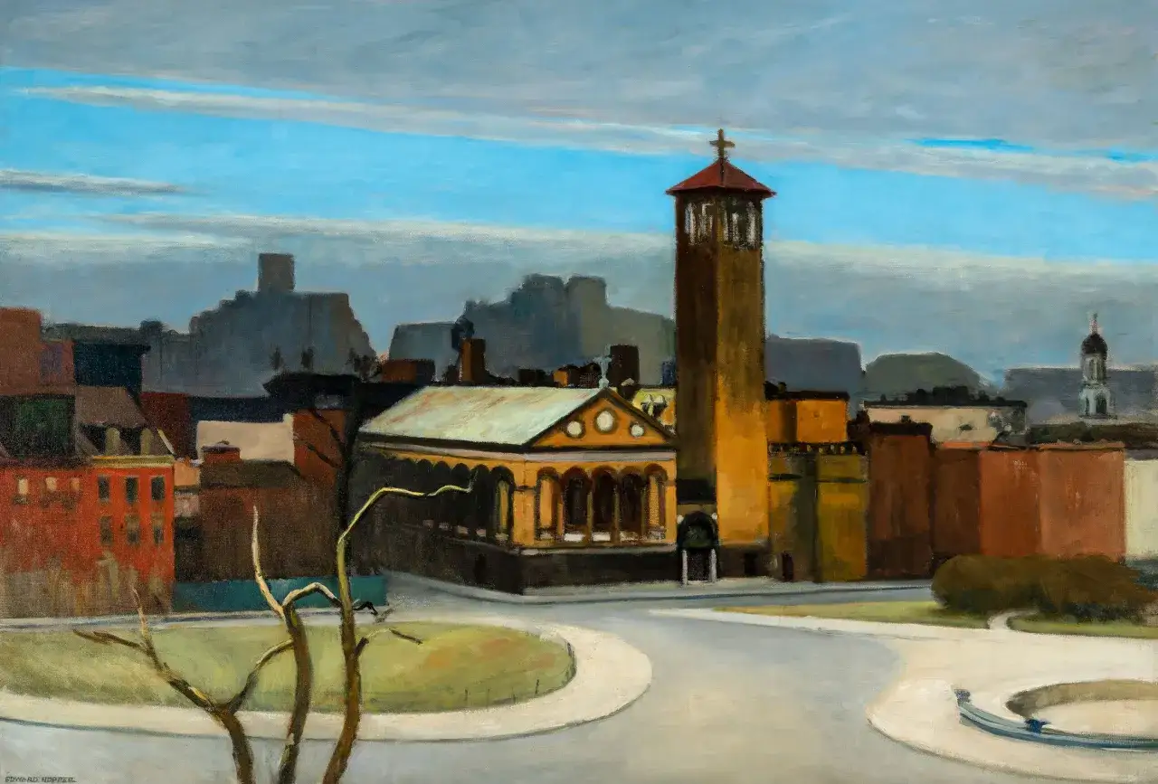 Paysage urbain dans le style de peinture d'Edward Hopper, avec une &eacute;glise et des b&acirc;timents aux couleurs chaudes sous un ciel nuageux.
