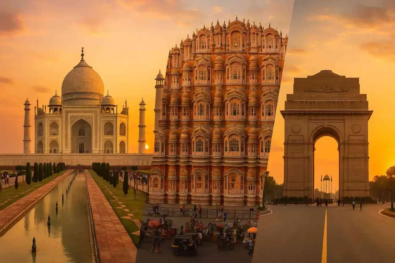Niezapomniane indie wczasy: Taj Mahal, Pałac Wiatrów i Brama Indii w blasku zachodzącego słońca.