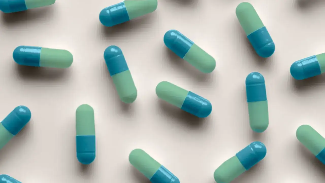 Blågröna kapslar utspridda, som kan hjälpa till att motverka diarré vid penicillin.