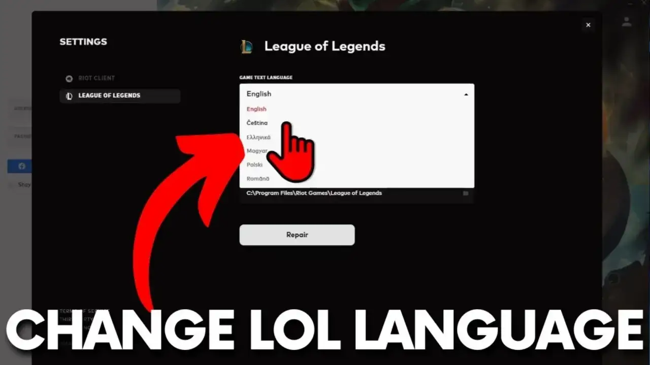 Jak zmienić język w LoLu? Widok ustawień klienta League of Legends z listą dostępnych języków, w tym polskim.