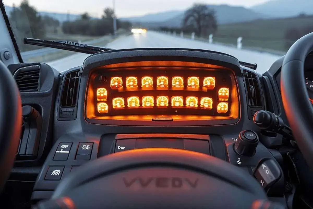 Tableau de bord d'un camion Iveco illuminé, affichant une liste de voyants lumineux orange.