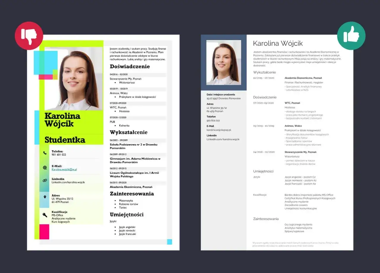 Studentka Karolina Wójcik, szukająca pracy, prezentuje swoje pierwsze doświadczenia w CV.