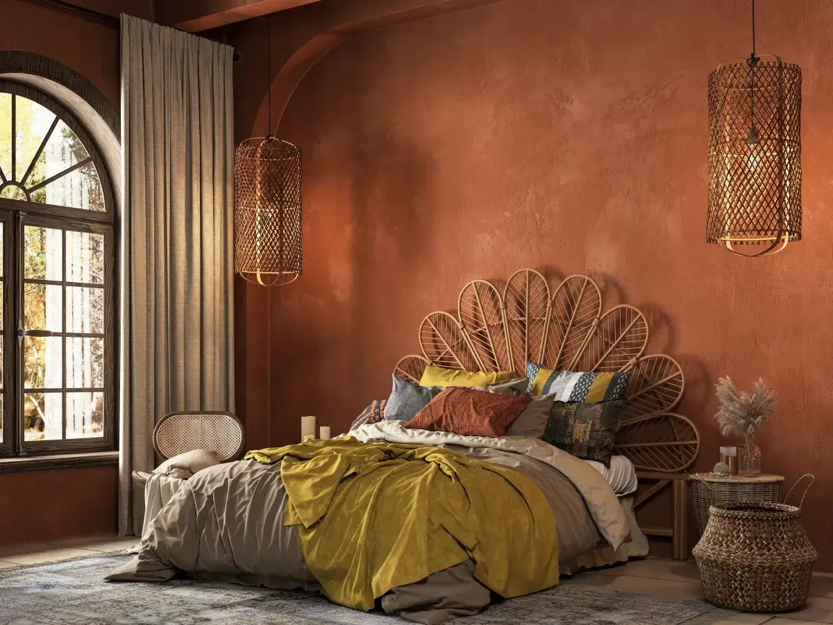 Acogedora decoracion boho habitacion con cama de rat&aacute;n, mantas mostaza y cojines coloridos. L&aacute;mparas de mimbre y ventana arqueada.