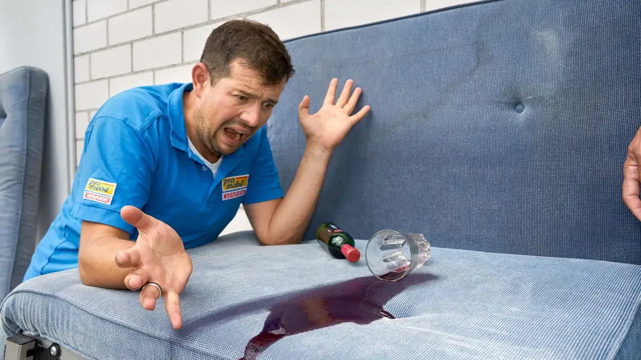 Mann mit verzweifeltem Gesichtsausdruck versucht, Rotwein aus Wohnwagen Polster zu reinigen.