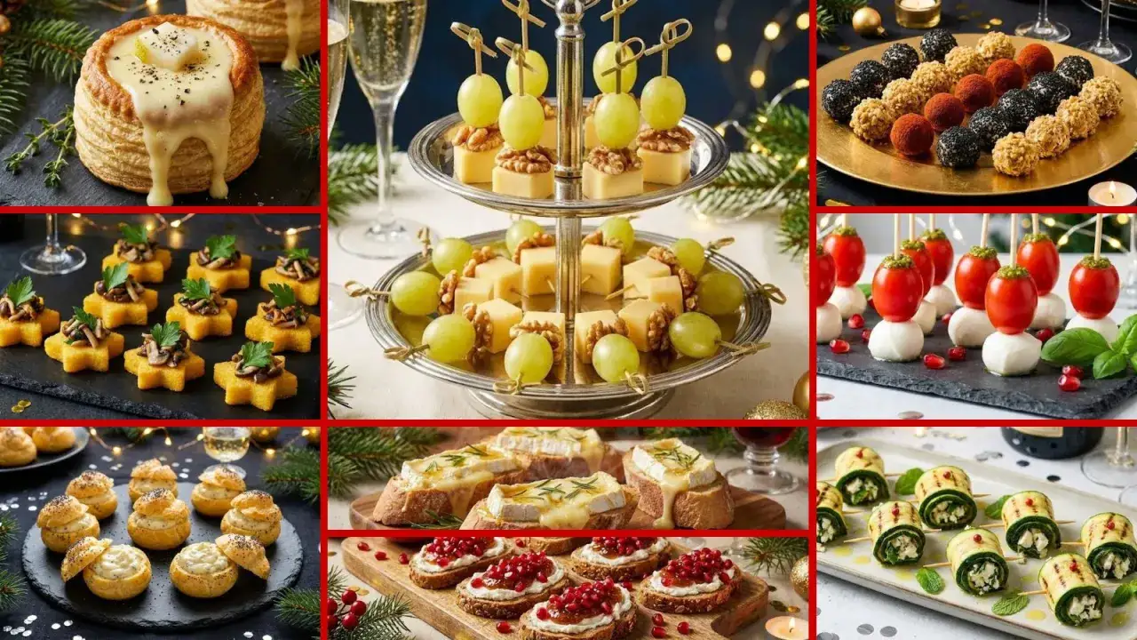Variet&agrave; di antipasti vegetariani per un buffet festivo: tartellette, spiedini di formaggio e uva, involtini di zucchine e bruschette.