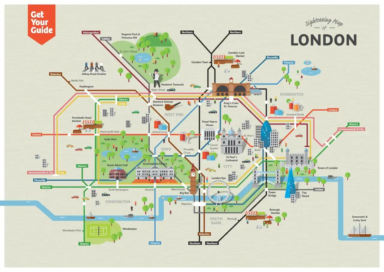 Karte von London mit Sehensw&uuml;rdigkeiten und U-Bahn-Linien. Wie viele Tage braucht man f&uuml;r London?
