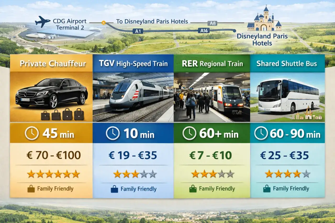 Vergleich von Transportmöglichkeiten vom Flughafen CDG zu Disneyland Paris: Chauffeur, TGV, RER, Shuttle-Bus. So kommt man am besten nach Paris!