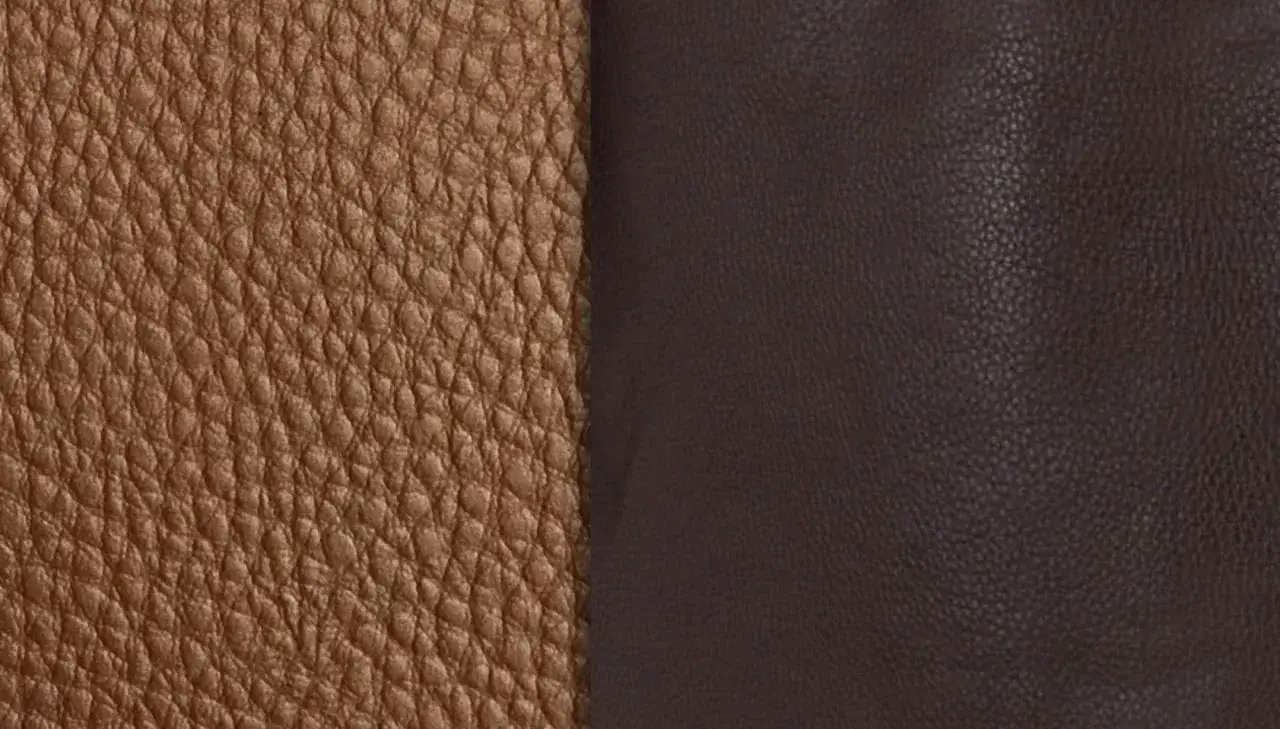 Deux échantillons de cuir : un brun clair texturé, l'autre brun foncé lisse. Comment savoir si c'est du vrai cuir ? Observez la texture et la souplesse.