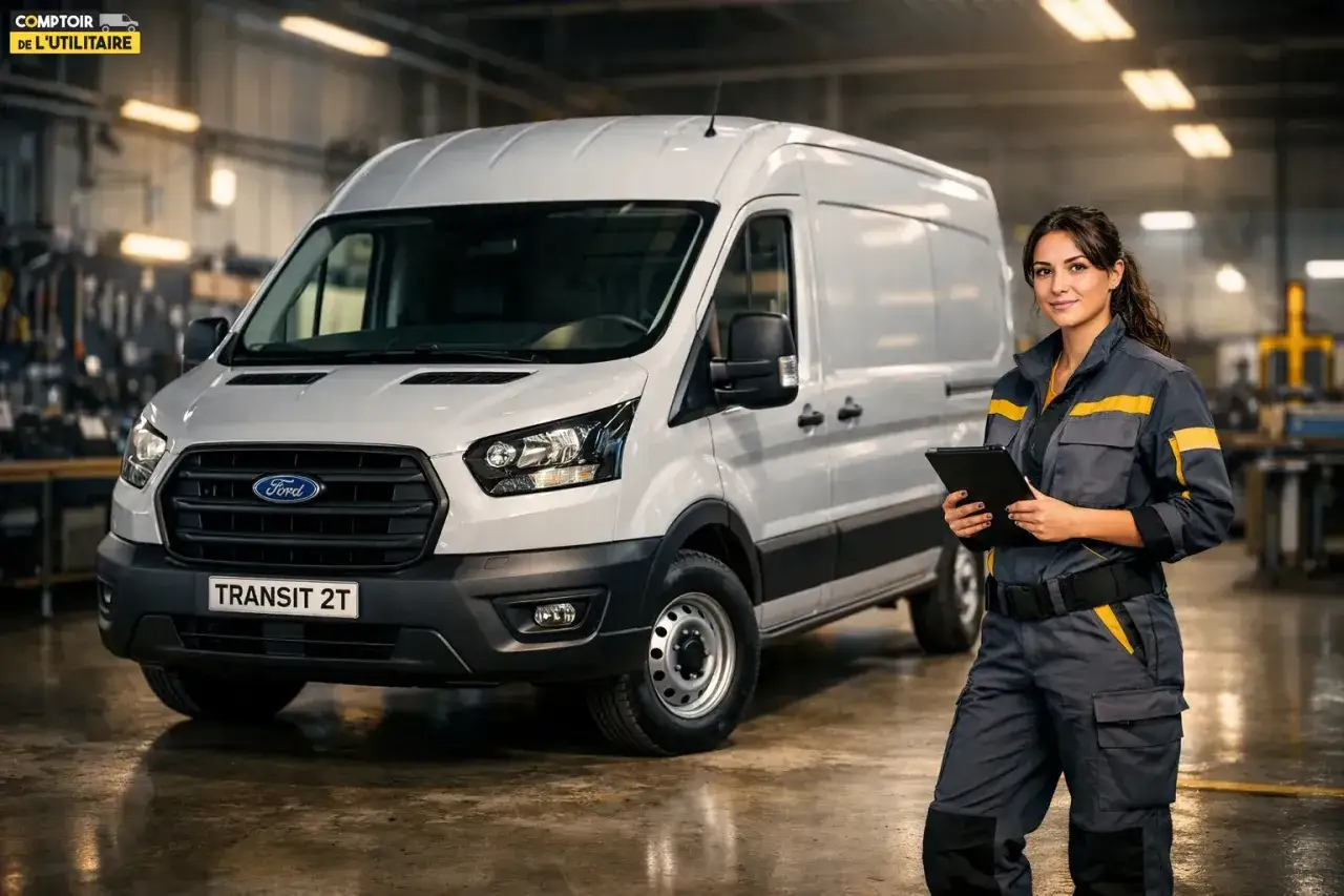 Une femme en uniforme tient une tablette &agrave; c&ocirc;t&eacute; d'un Ford Transit. La hauteur du Ford Transit est id&eacute;ale pour les livraisons.