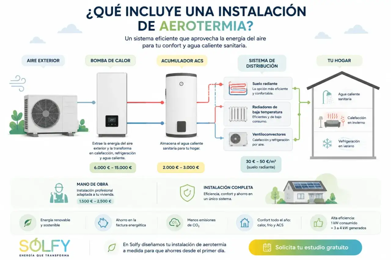 Diagrama de aerotermia aire-aire: unidad exterior, bomba de calor, acumulador ACS y sistema de distribución (suelo radiante, radiadores, ventilo-convectores) para calefacción, refrigeración y agua caliente en el hogar.