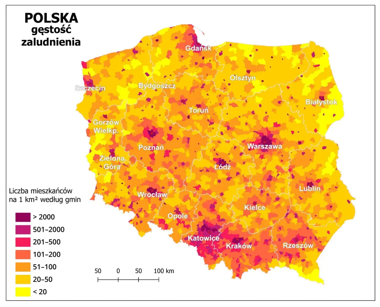 Mapa Polski z zaznaczonym Szczecinem i liczbą ludności