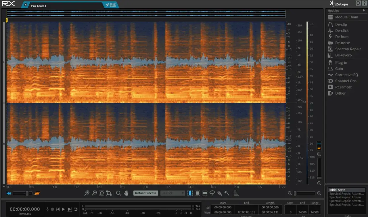 iZotope RX 10 zeigt ein Spektrogramm mit Wellenformen zur Audiobearbeitung.