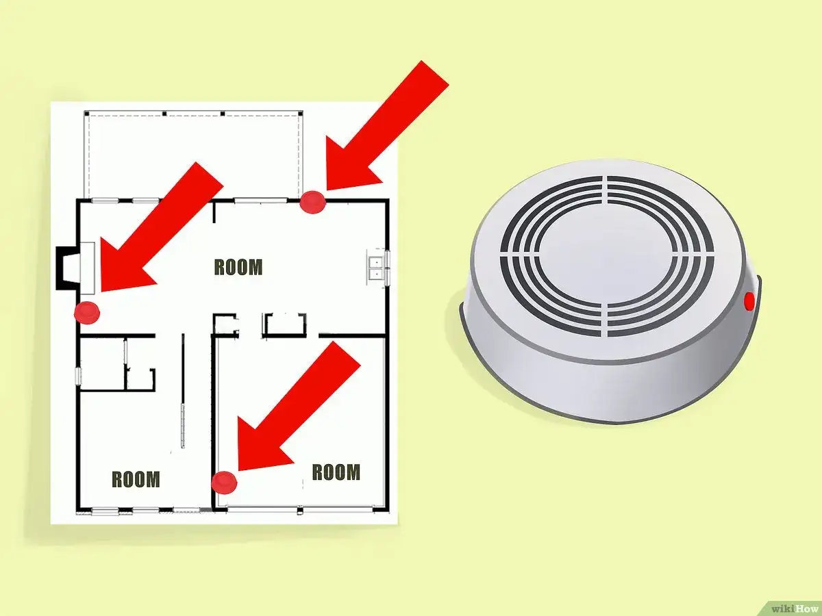 Plan de maison montrant les emplacements des d&eacute;tecteurs de fum&eacute;e. Comment savoir si mon d&eacute;tecteur de fum&eacute;e fonctionne ? V&eacute;rifiez les points rouges.