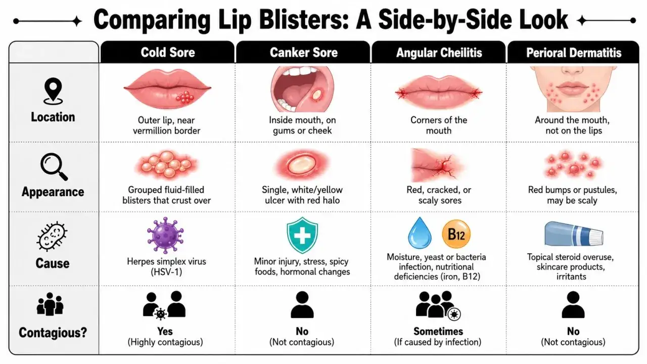 Confronto tra vesciche in bocca: herpes labiale, afte, cheilite angolare e dermatite periorale. Immagine mostra cause, aspetto e contagiosità.