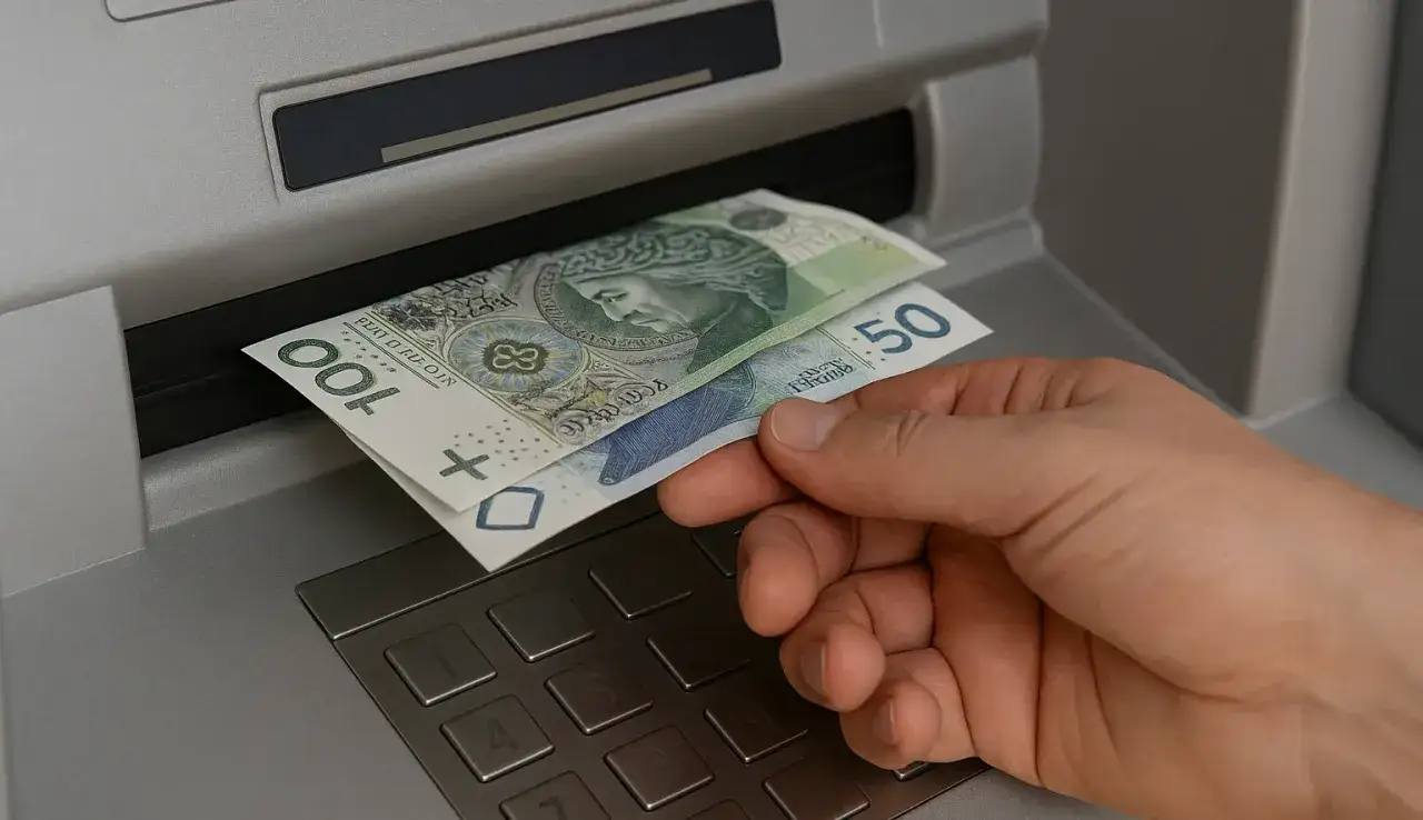 Dłoń odbiera banknoty 100 i 50 zł z bankomatu. To może być część dyspozycji na wypadek śmierci, zapewniająca środki bliskim.