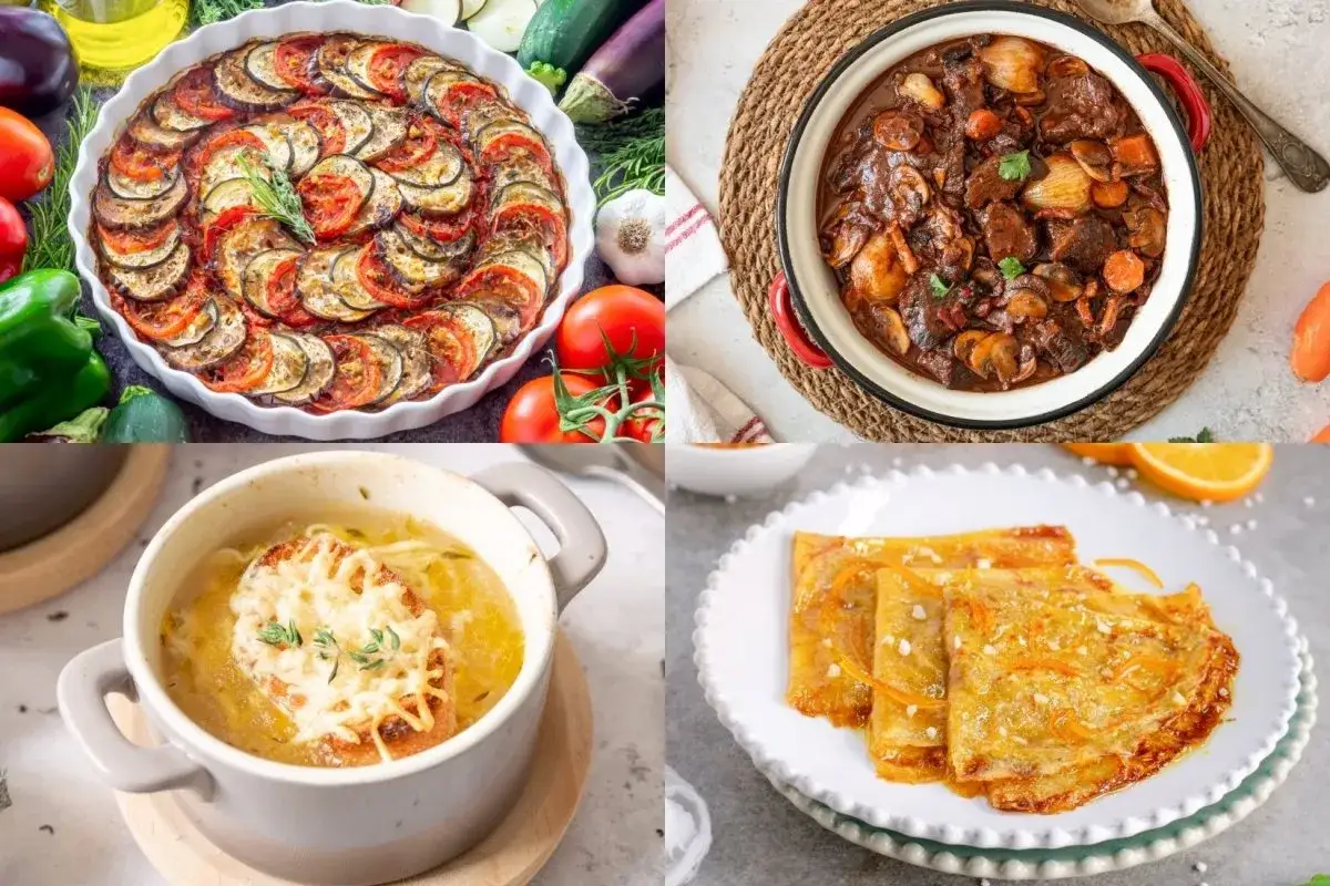 Cuatro platos de comida tradicional francesa: ratatouille, boeuf bourguignon, sopa de cebolla y crepes Suzette.