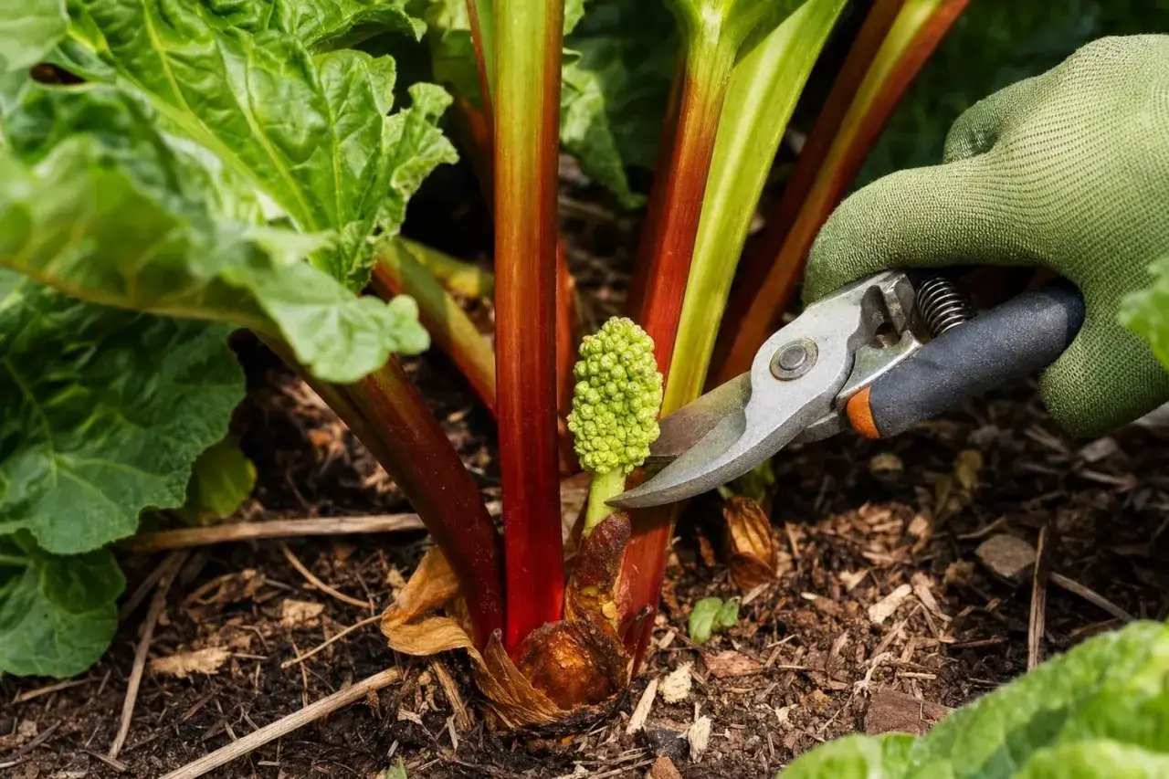 Une main gant&eacute;e coupe une tige de rhubarbe, ce l&eacute;gume-fruit aux couleurs vives, pr&ecirc;t pour la r&eacute;colte.
