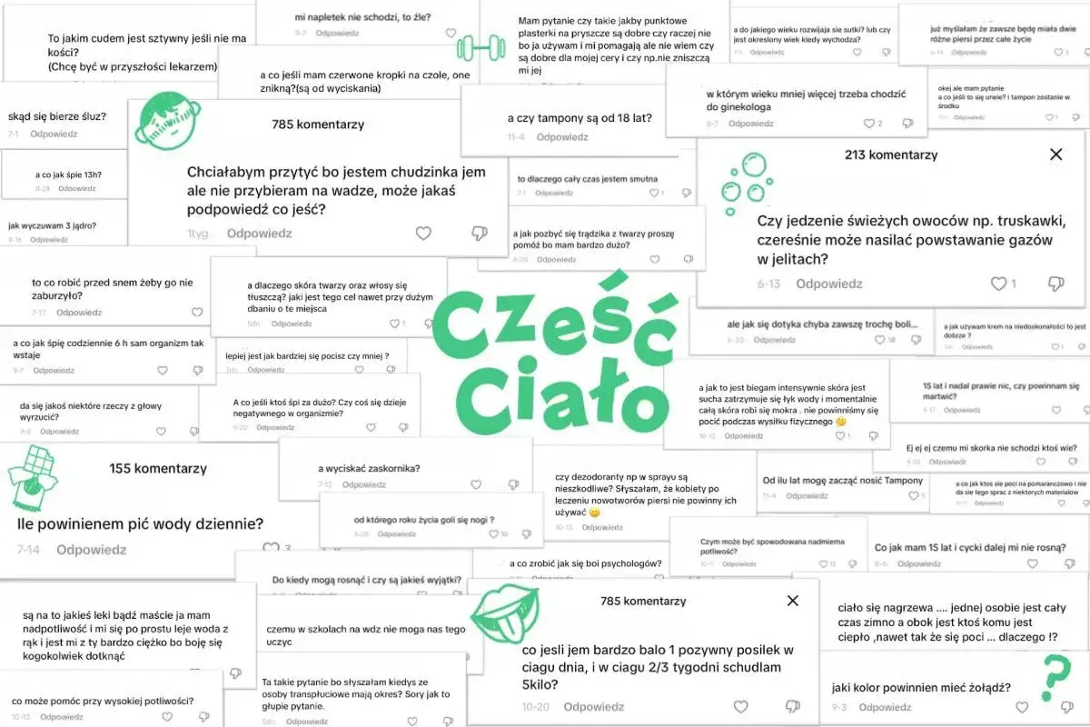Część Ciało: pytania o okres dojrzewania, zdrowie, ciało i emocje.