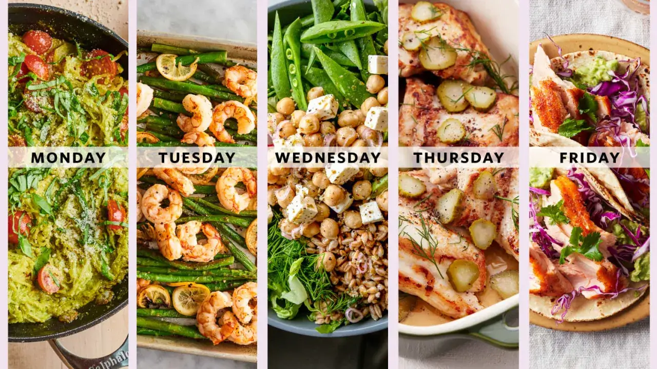 Lunes: pasta con pesto y tomates. Martes: gambas con esp&aacute;rragos. Mi&eacute;rcoles: ensalada de garbanzos. Jueves: pollo con pepinillos. Viernes: tacos de pescado. Ideas para men&uacute;s semanales.