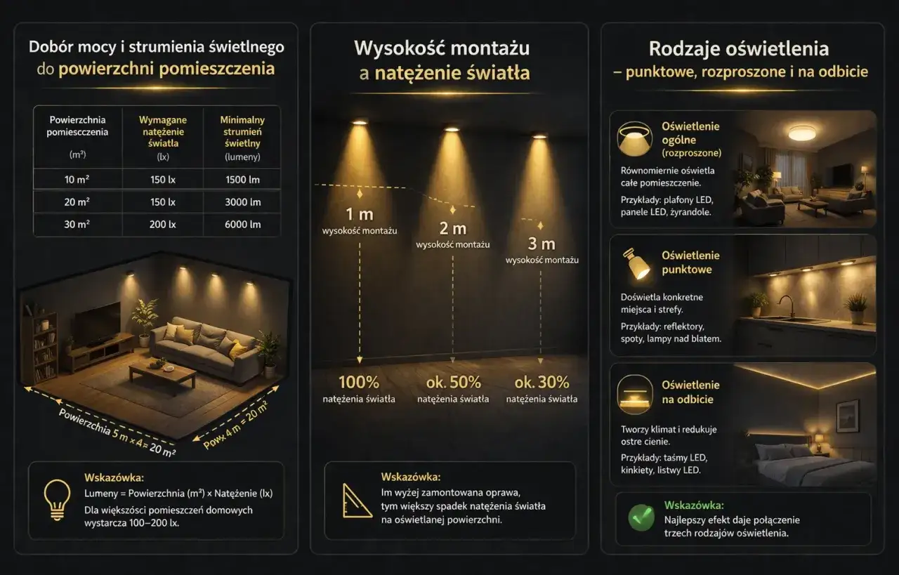 Wysokość montażu kinkietu wpływa na natężenie światła. Im wyżej, tym słabiej oświetla.