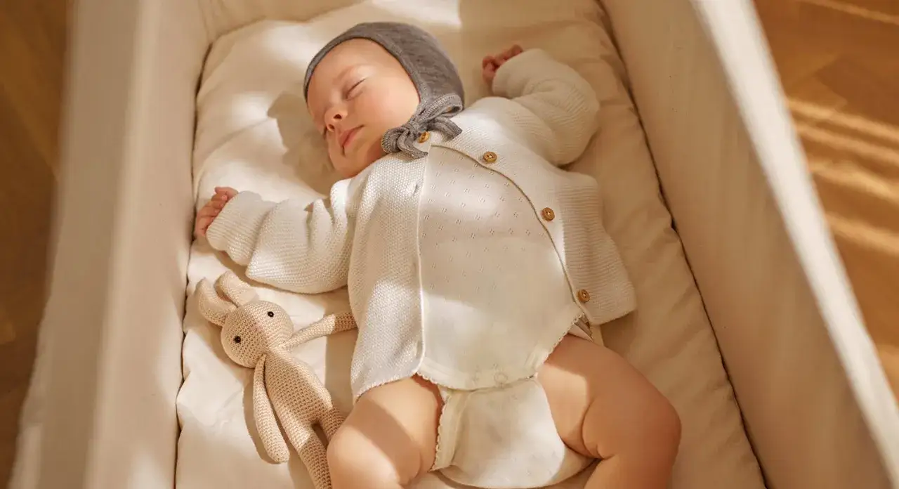 Schlafendes Baby in Strampler und M&uuml;tze, neben H&auml;schen-Spielzeug. Vielleicht ein 46-Wochen-Schub, der endlich Ruhe bringt.