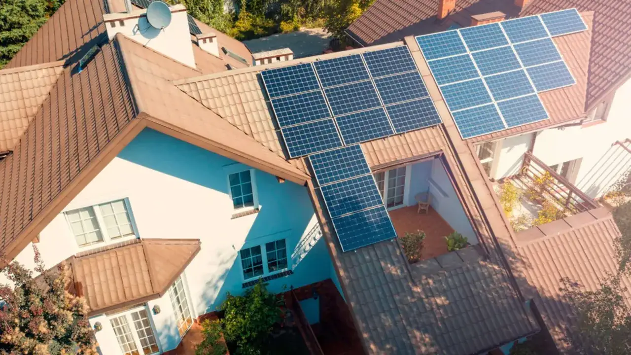 Dach mit Solaranlagen in Spanien. Die Sonnensteuer wird durch diese umweltfreundliche Energieerzeugung reduziert.