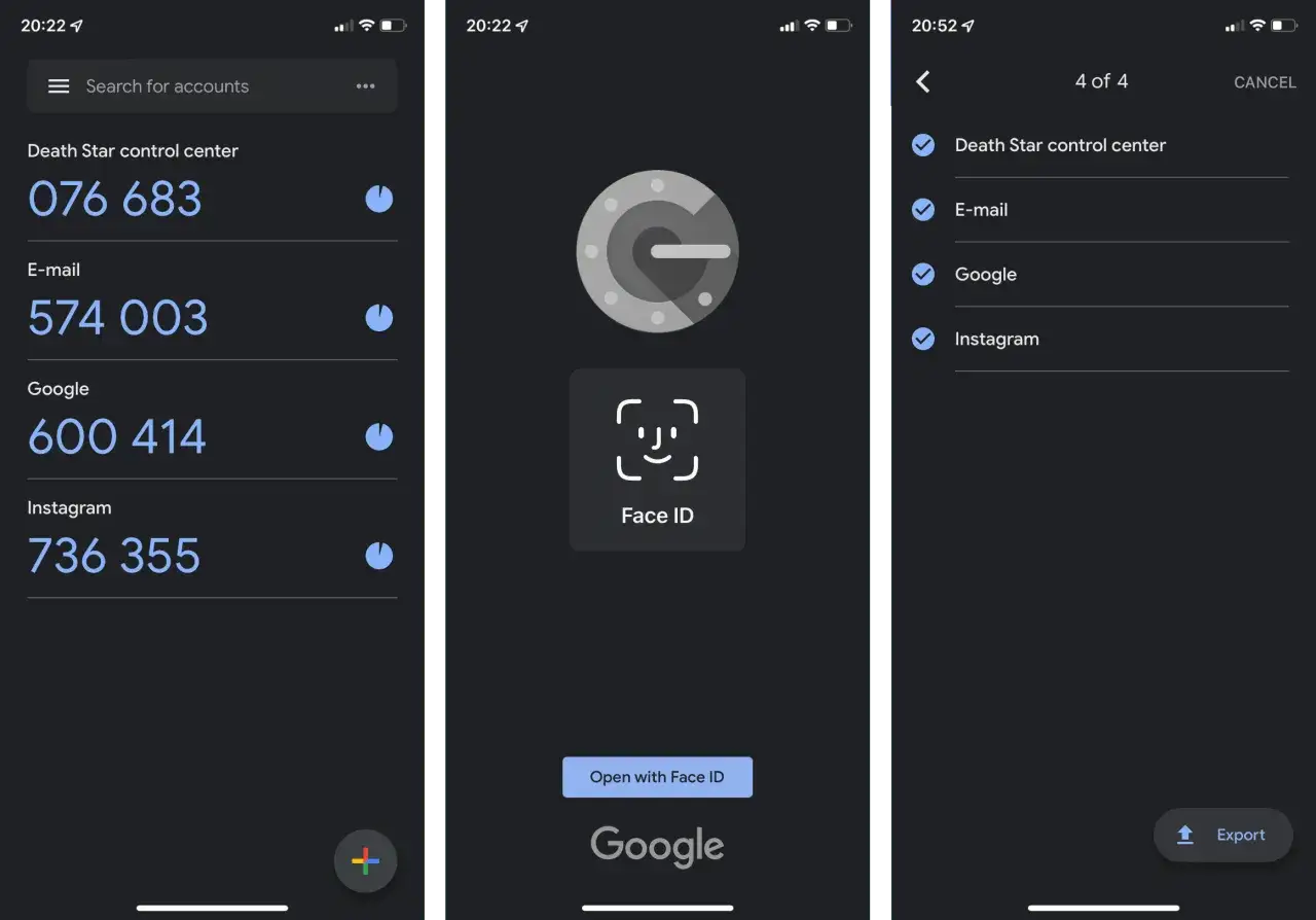 Ekran aplikacji Google Authenticator pokazuje kody uwierzytelniające dla różnych kont, np. 