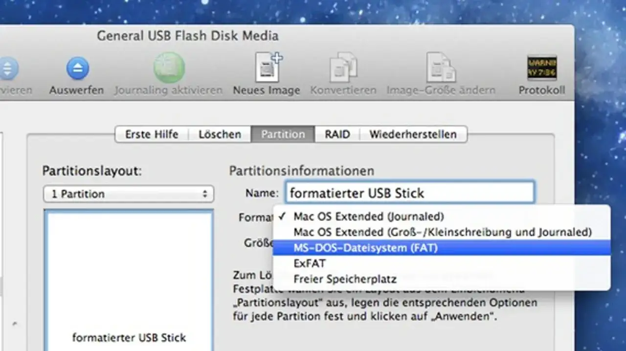 Formatierung eines USB-Sticks: MS-DOS-Dateisystem (FAT) wird ausgew&auml;hlt.