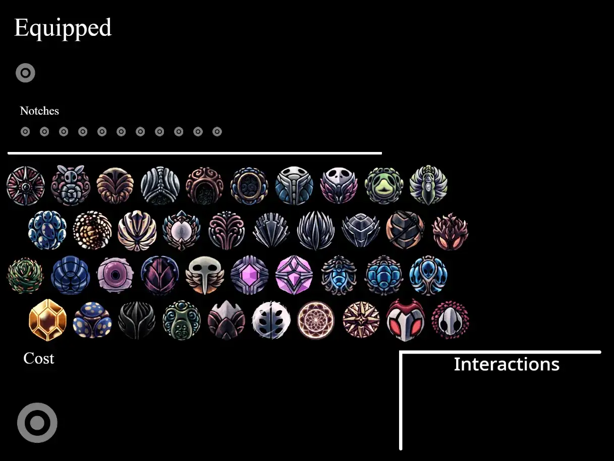 Colección de amuletos de Hollow Knight, cada uno con un diseño único.