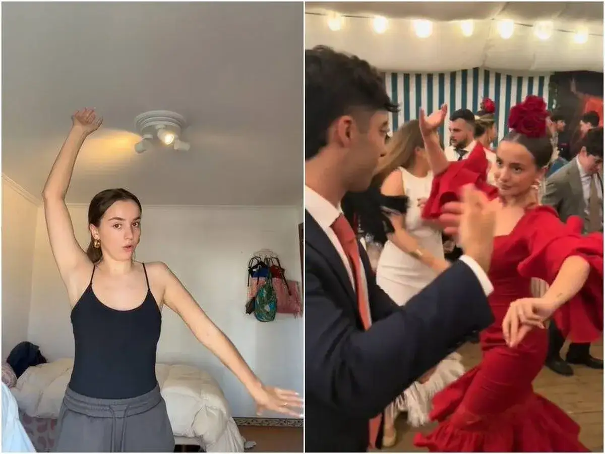 Chica aprende a bailar sevillanas en casa y luego baila en una fiesta con un vestido rojo.