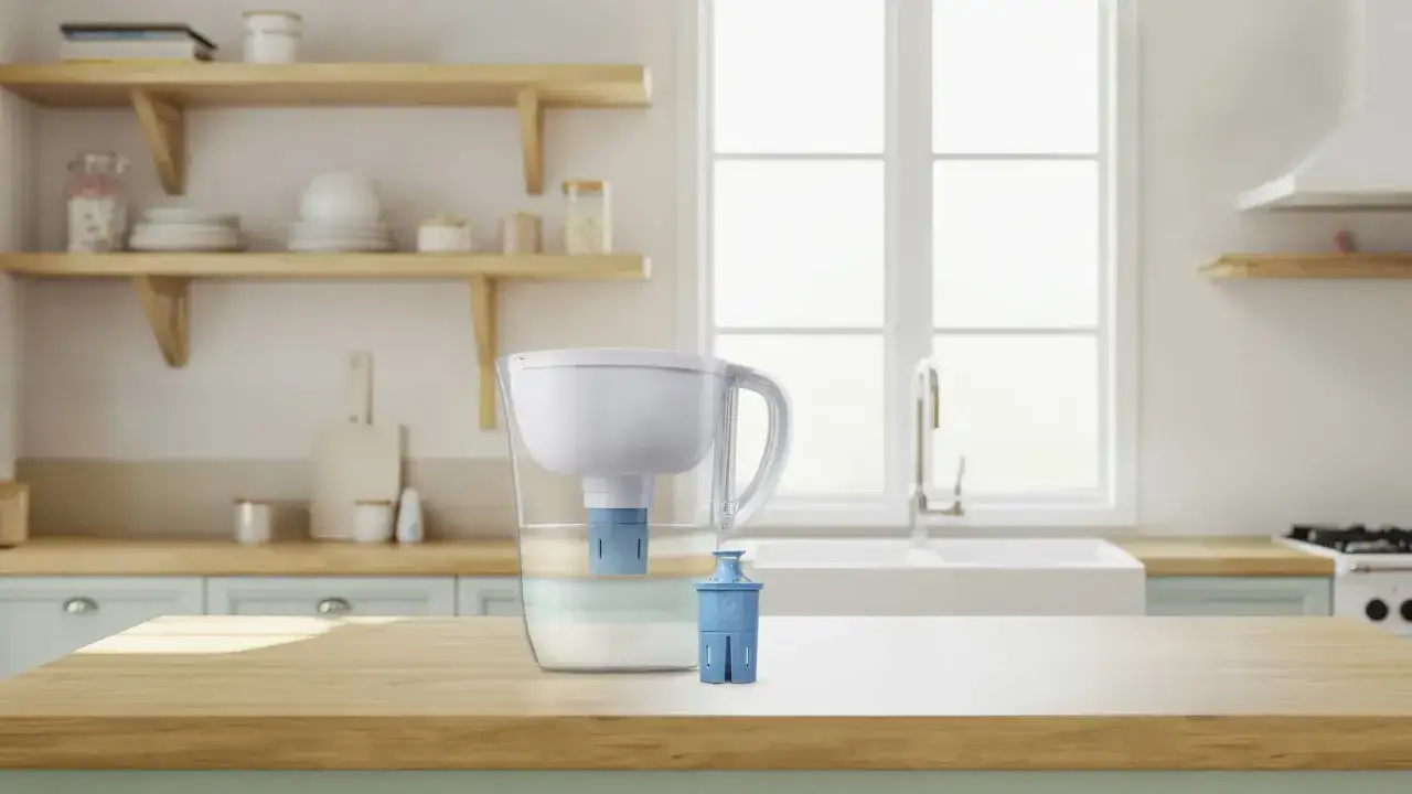 Carafe d'eau filtrante sur un comptoir de cuisine. L'eau filtrée est elle bonne pour la santé ? Oui, elle améliore le goût et la pureté.