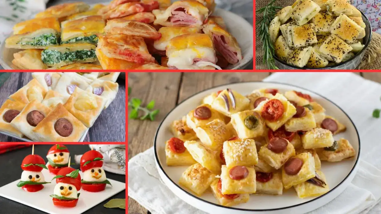 Varietà di stuzzichini veloci ed economici per aperitivo: sfogliatine salate con spinaci, prosciutto e formaggio, pizzette con wurstel e pomodorini, e simpatici pupazzi di neve con pomodoro e mozzarella.