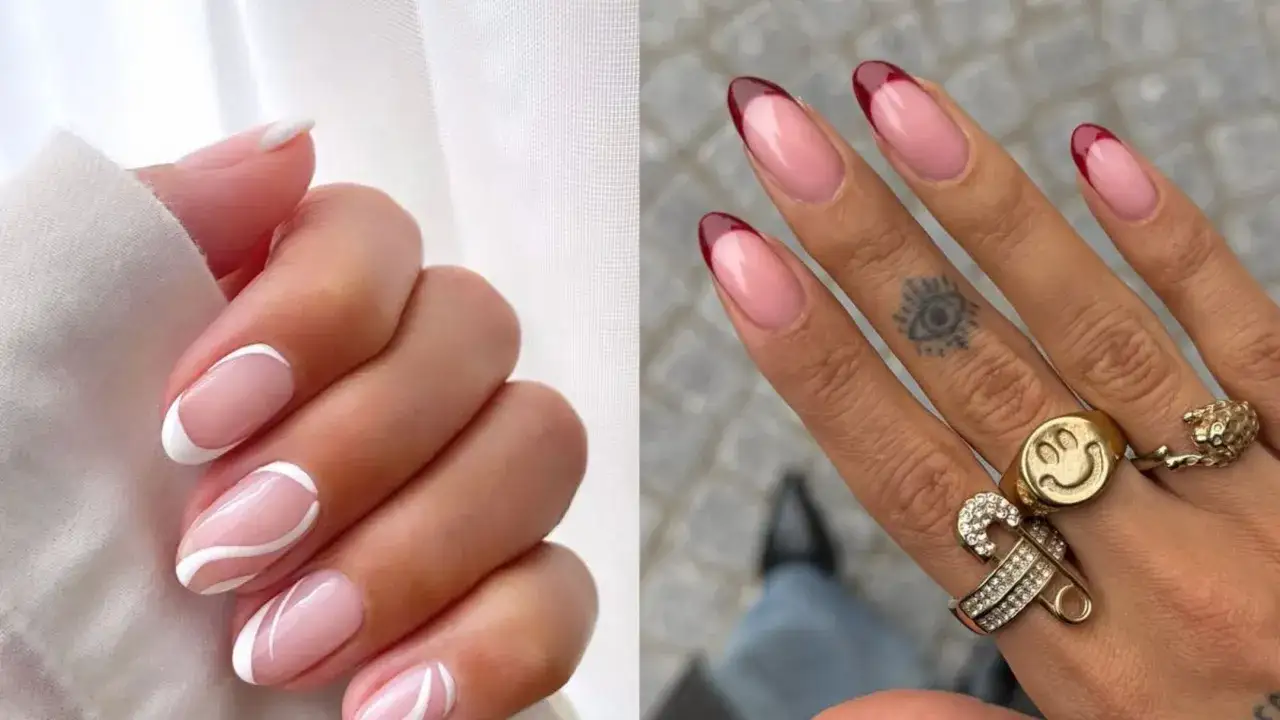 Manucure française revisitée : une tendance french manucure couleur avec des bouts blancs graphiques ou bordeaux élégants.