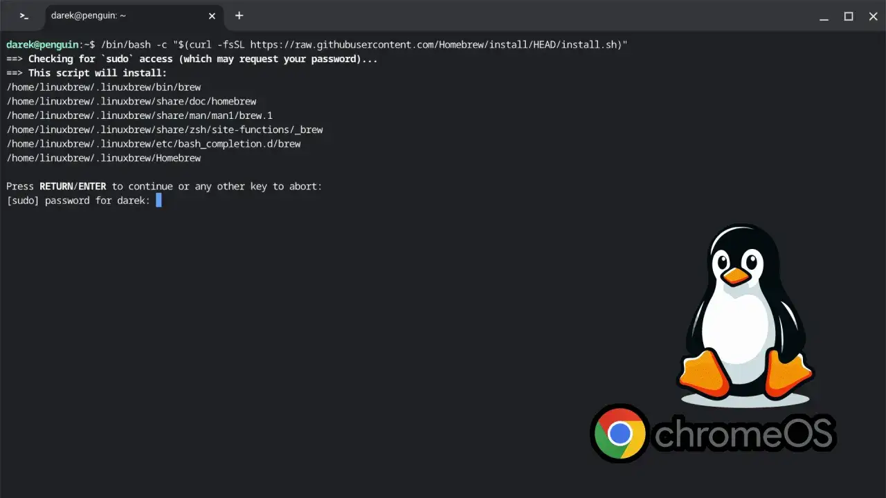 Instalacja Homebrew w systemie Linux. Skrypt prosi o hasło administratora (root). Obok pingwin, symbol Linuxa i logo ChromeOS.