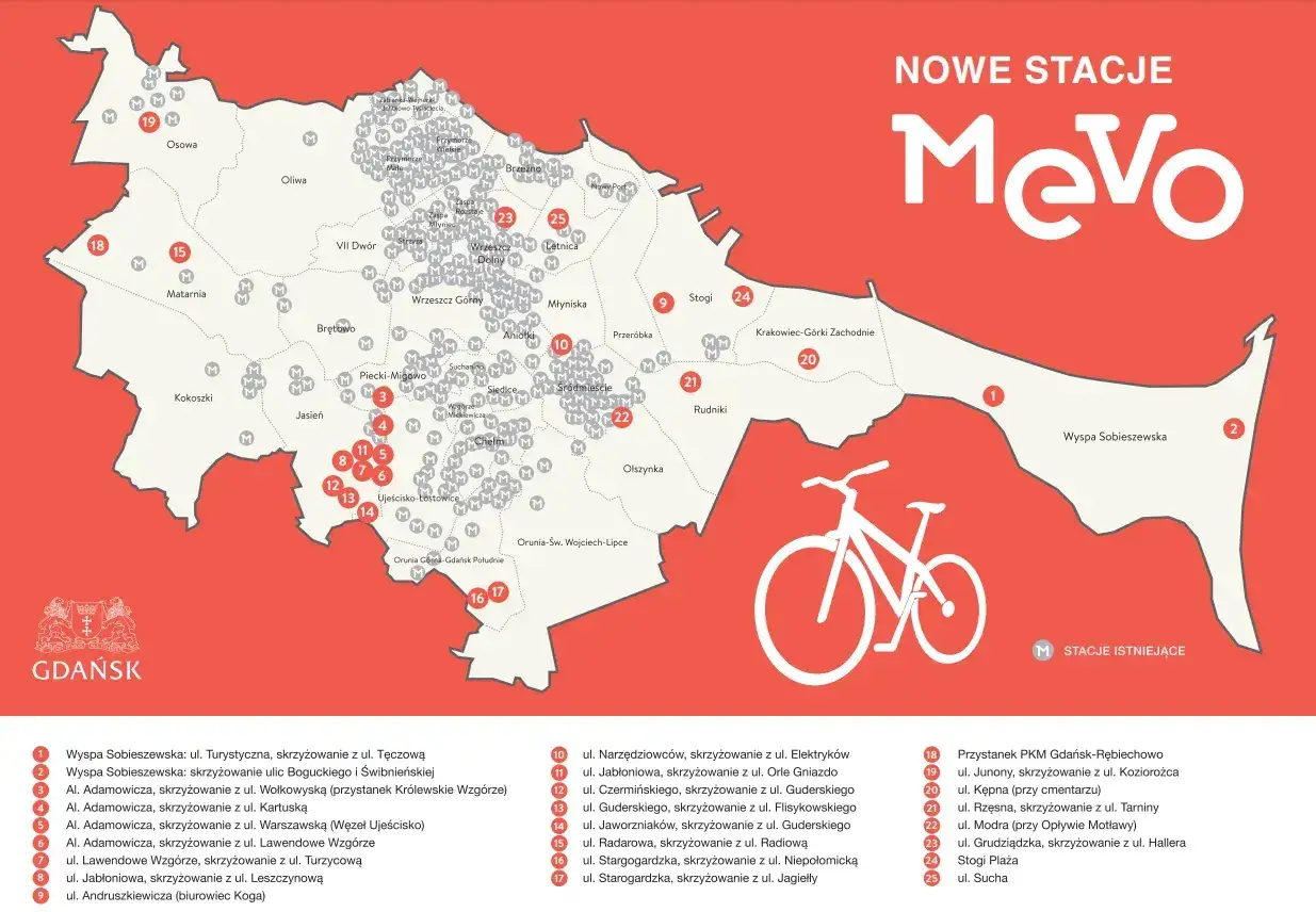 Mapa Trójmiasta z zaznaczonymi nowymi stacjami rowerowymi MeVo. Odkrywaj trasy rowerowe Trójmiasta!
