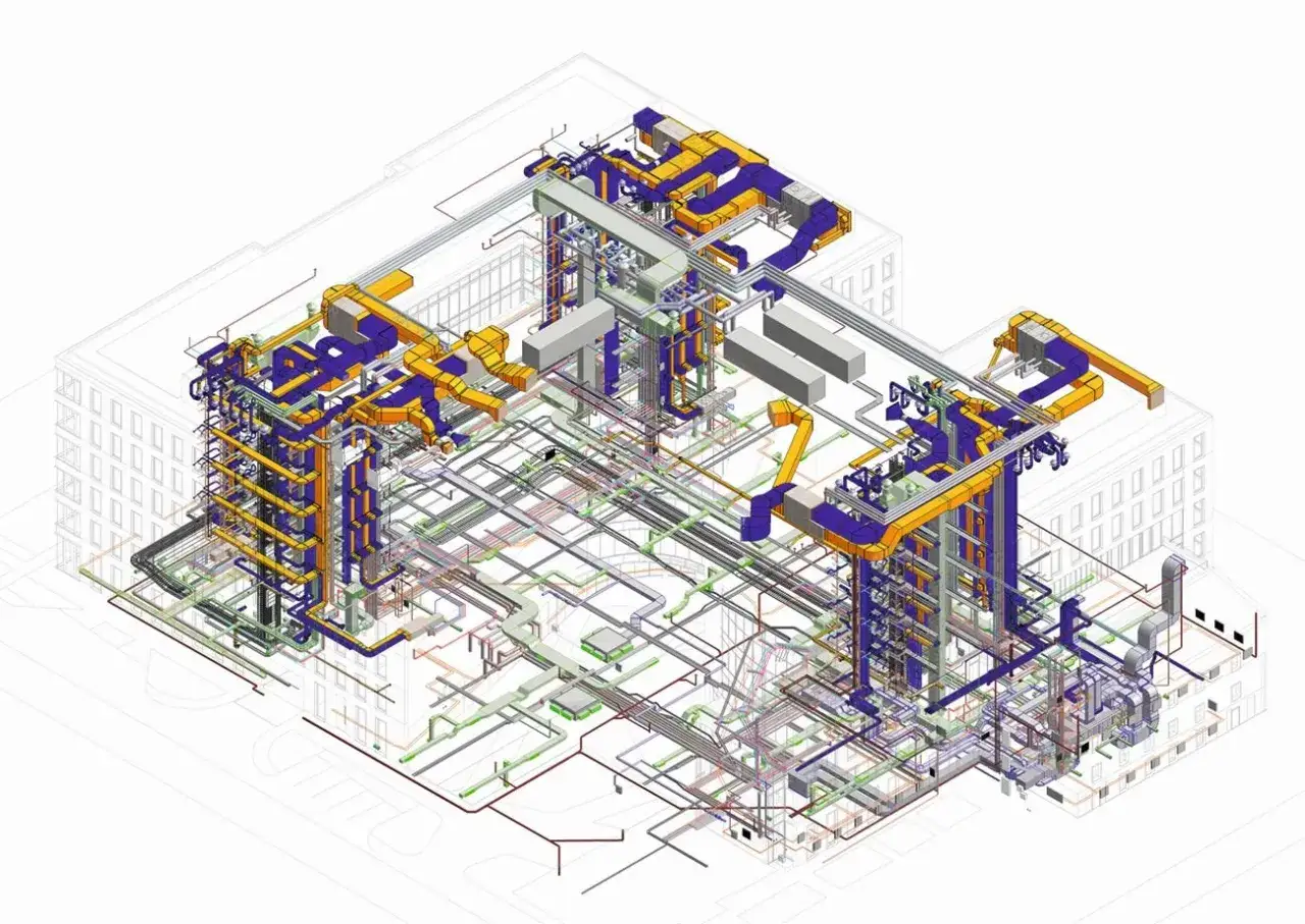 Złożony system instalacji budynku, widoczny w modelu BIM, z kolorowymi kanałami wentylacyjnymi i rurami.