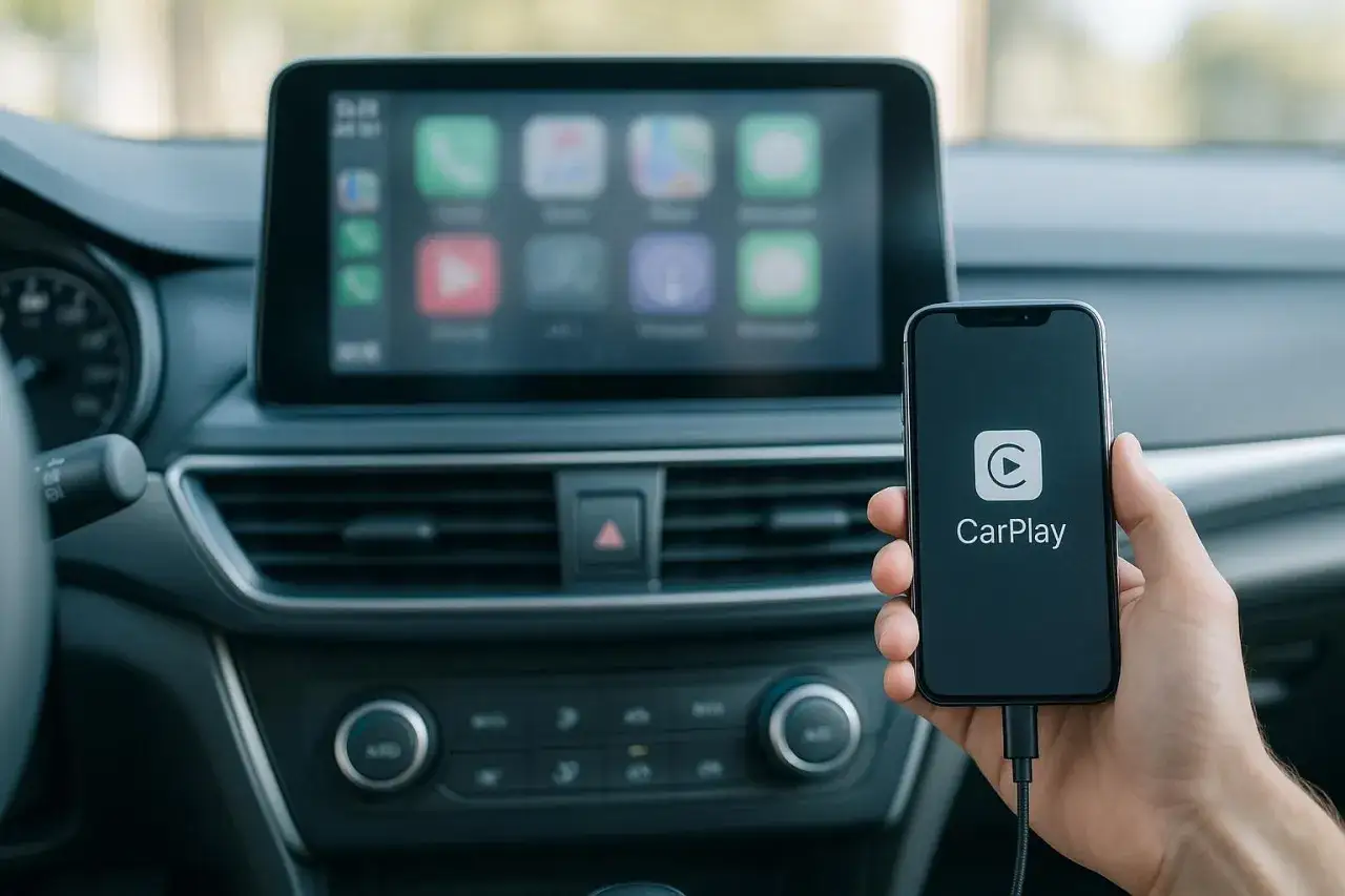 Jak połączyć telefon z samochodem? iPhone z logo CarPlay podłączony do ekranu w aucie.