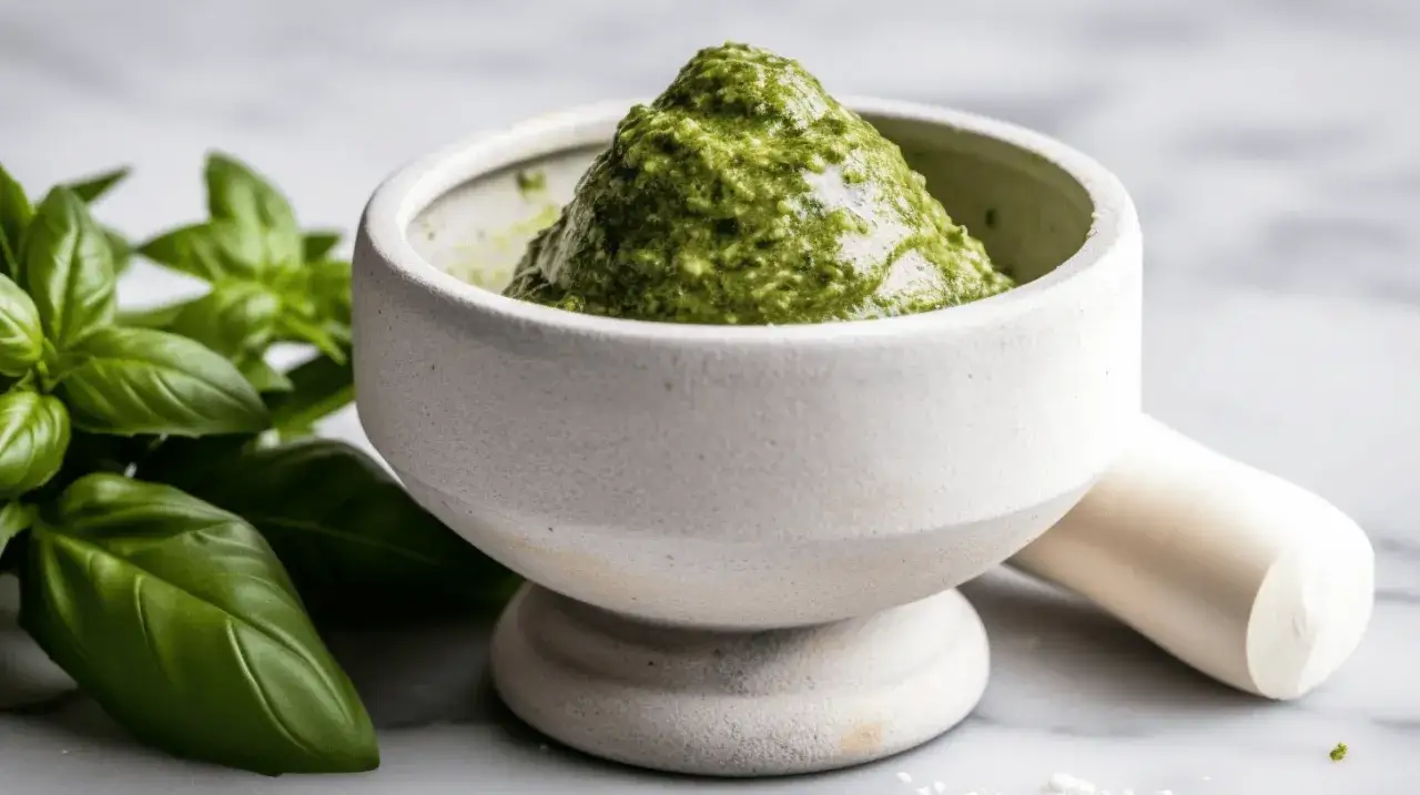 Pesto vert frais dans un mortier, prêt pour une recette pesto traditionnel. Des feuilles de basilic frais à côté.